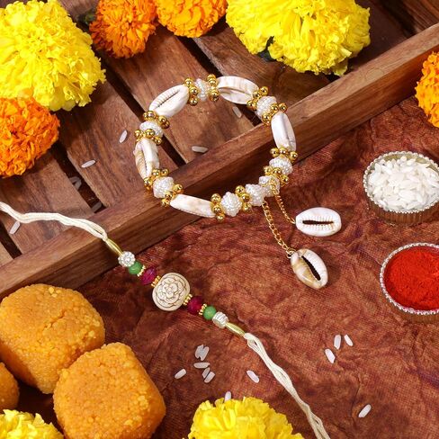 Hathkaam Designer White Rakhi & Lumba Rakhi- مجموعة 2 | سوار شرير حماية العيون التحرير والسرد لأخ/بهاي وبهابهي ، Rakhi المصنوعة يدويًا لـ Raksha Bandhan (HKRL031) in Kuwait