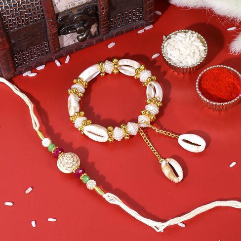 Hathkaam Designer White Rakhi & Lumba Rakhi- مجموعة 2 | سوار شرير حماية العيون التحرير والسرد لأخ/بهاي وبهابهي ، Rakhi المصنوعة يدويًا لـ Raksha Bandhan (HKRL031) in Kuwait