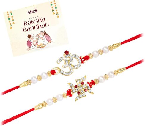 Aheli Crystal & Beads Sustded Swastik & Om Rakhi for Brother Raksha Bandhan Rakhi مع بطاقة تحية (Combo ، Pack of 2) in Saudi Arabia