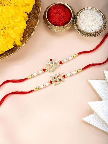 Aheli Crystal & Beads Sustded Swastik & Om Rakhi for Brother Raksha Bandhan Rakhi مع بطاقة تحية (Combo ، Pack of 2) in Saudi Arabia