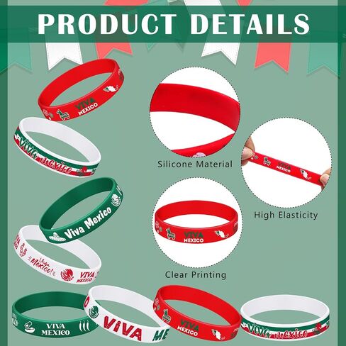 48 PCS Viva Mexico Silicone Bracelets Bulk Mexican Independence Day Decortations 16 September Supplies for Dia de la Independencia in Saudi Arabia