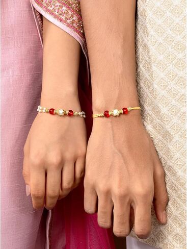 Aheli Maroon & Gold Color Rakhi & Lumba لـ Bhaiya & Bhabhi Pearl مرصع Raksha Bandhan Rakhi مع بطاقة تحية (Combo ، Pack of 2) in Saudi Arabia