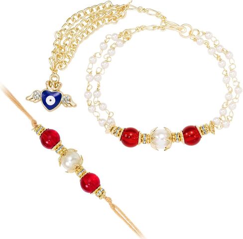 Aheli Maroon & Gold Color Rakhi & Lumba لـ Bhaiya & Bhabhi Pearl مرصع Raksha Bandhan Rakhi مع بطاقة تحية (Combo ، Pack of 2) in Saudi Arabia