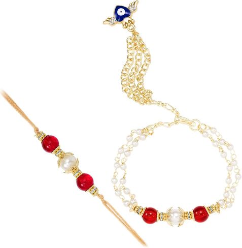 Aheli Maroon & Gold Color Rakhi & Lumba لـ Bhaiya & Bhabhi Pearl مرصع Raksha Bandhan Rakhi مع بطاقة تحية (Combo ، Pack of 2) in Saudi Arabia