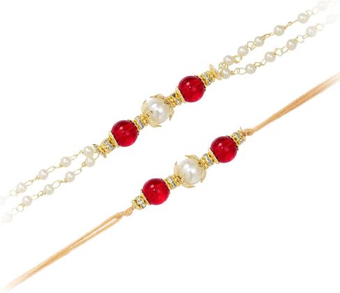 Aheli Maroon & Gold Color Rakhi & Lumba لـ Bhaiya & Bhabhi Pearl مرصع Raksha Bandhan Rakhi مع بطاقة تحية (Combo ، Pack of 2) in Saudi Arabia