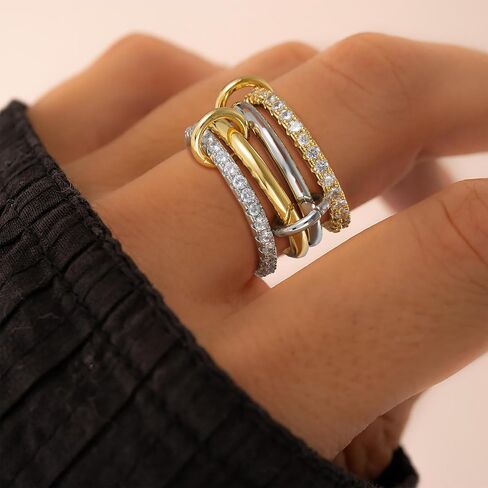 Gold Stackable Rings for Women - 18K Gold Plated Cubic Zirconia Rings for Women Non Tarnish, Silver Gold Multi Ring Mixed Metals Stack Rings Set Women Jewelry Gifts in Saudi Arabia