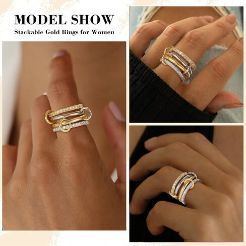 Gold Stackable Rings for Women - 18K Gold Plated Cubic Zirconia Rings for Women Non Tarnish, Silver Gold Multi Ring Mixed Metals Stack Rings Set Women Jewelry Gifts in Saudi Arabia