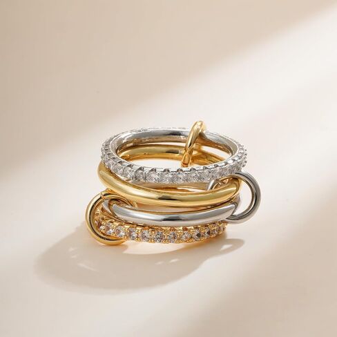 Gold Stackable Rings for Women - 18K Gold Plated Cubic Zirconia Rings for Women Non Tarnish, Silver Gold Multi Ring Mixed Metals Stack Rings Set Women Jewelry Gifts in Saudi Arabia