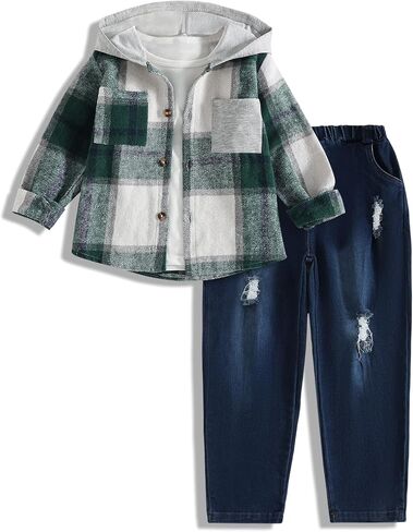 Size 2-6T Toddler Baby Boy Clothes Plaid Hooded Shirt Jeans Pants 2 Piece Outfit Fall Winter Pants Outfits Set in Saudi Arabia