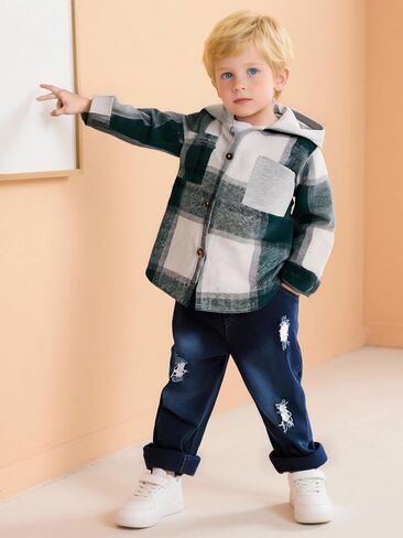 Size 2-6T Toddler Baby Boy Clothes Plaid Hooded Shirt Jeans Pants 2 Piece Outfit Fall Winter Pants Outfits Set in Saudi Arabia