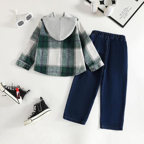 Size 2-6T Toddler Baby Boy Clothes Plaid Hooded Shirt Jeans Pants 2 Piece Outfit Fall Winter Pants Outfits Set in Saudi Arabia