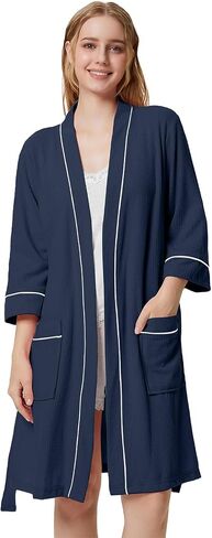SIORO Waffle Knit Robe for Women, Short Kimono Lightweight Bathrobe with Pockets, 3/4 Sleeves Loungewear for Spa & Shower in Kuwait