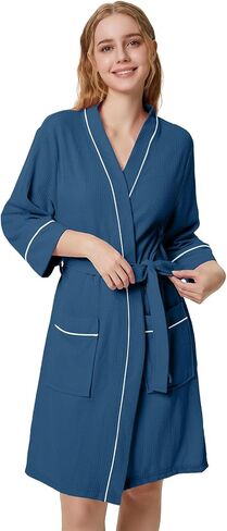 SIORO Waffle Knit Robe for Women, Short Kimono Lightweight Bathrobe with Pockets, 3/4 Sleeves Loungewear for Spa & Shower in Kuwait