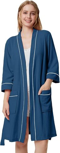 SIORO Waffle Knit Robe for Women, Short Kimono Lightweight Bathrobe with Pockets, 3/4 Sleeves Loungewear for Spa & Shower in Kuwait