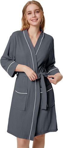 SIORO Waffle Knit Robe for Women, Short Kimono Lightweight Bathrobe with Pockets, 3/4 Sleeves Loungewear for Spa & Shower in Kuwait