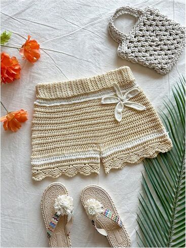 Makemechic للسيدات ثلاثية الأبعاد الكروشيه الكروشيه Micro الشورتات ملونة الحاجز الأسقلوب شورت الصيف in Saudi Arabia