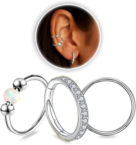 Cartilage Hoop Earrings for Women Helix Conch Piercing Jewelry 16G/18G/20G 14K Gold Plated 316L Surgical Steel Opalite Nose Rings Hoops With Cubic Zirconia Septum Rings 8/9/10mm in Saudi Arabia