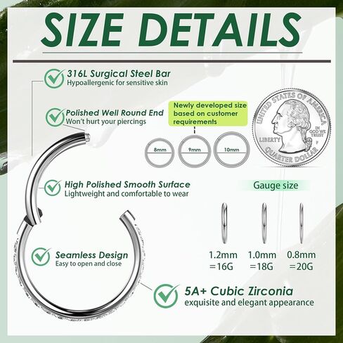 Cartilage Hoop Earrings for Women Helix Conch Piercing Jewelry 16G/18G/20G 14K Gold Plated 316L Surgical Steel Opalite Nose Rings Hoops With Cubic Zirconia Septum Rings 8/9/10mm in Saudi Arabia