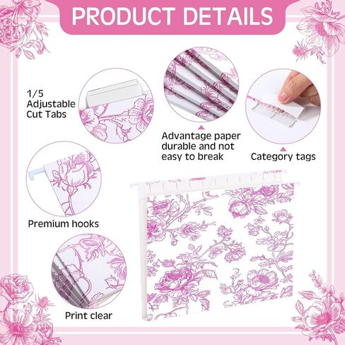 20 Pcs Blue Floral Decorative Hanging Letter Size Cute File Folders Designer Floral Folders File Organizer for Filing Cabinet Office Home with 1/5 Cut Adjustable Tabs in Kuwait