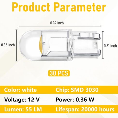 30 PCS Car 194 LED Bulbs, 168 2825 W5W T10 Wedge COB LED Replacement Bulb, 6000K License Plate Light Bulb, Error Free Interior Bulb for Dashboard Light, Dome Lights,License Plate Lights (Yellow) in Saudi Arabia