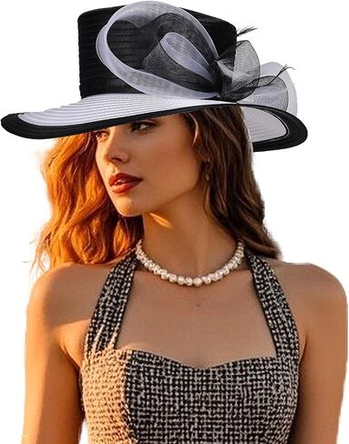 F Byvves Women Derby Church Dress Fascinator Cloche Hat Wide Brim Tea Party Wedding Wedding Wedding مع لهجة القوس in Kuwait