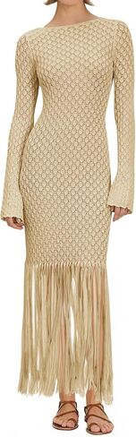 Fisoew Women's Swimsuit Cove Cover Ups Summer Long Sleeve Tie Back Fringe Hem Hem Beach Vacation Frick Maxi in Saudi Arabia