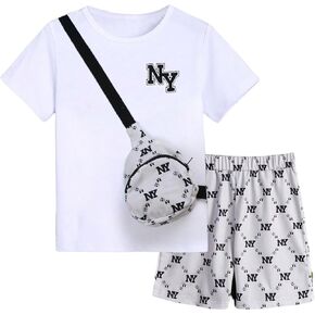 GORGLITTER Boy's Summer Outfits 2 Piece Clothing Sets Letter Print Short Sleeve Tee Tops and Elastics Waist Shorts Sets in Saudi Arabia