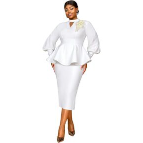 AOMEI Business Suit Sets for Women's 2 Piece Outfits V Neck Peplum Tops Floral Applique Formal Pencil Midi Skirt Suit… in Saudi Arabia