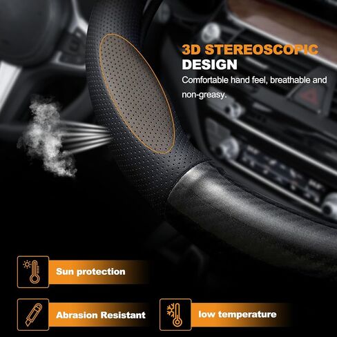 Carbon Fiber Leather Sport Car Steering Wheel Cover Sports Steering Wheel High-Grade Leather Set Stylish Non-Slip Leather car Interior 15 inches for All Car Steering Wheel Cover in Kuwait