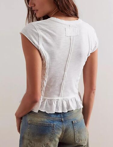 APAFES Womens Smocked Crop Tops Summer Peplum T-Shirts Cap Sleeve Crew Neck Workout Casual Tees in Kuwait
