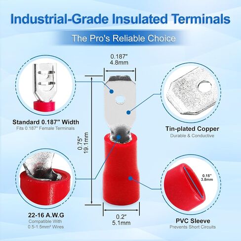 Baomain 0.187" Red Male Insulated Spade Wire Connector Electrical Crimp Terminal 22-16 AWG 4.8 x 0.5mm (100PCS) in Saudi Arabia