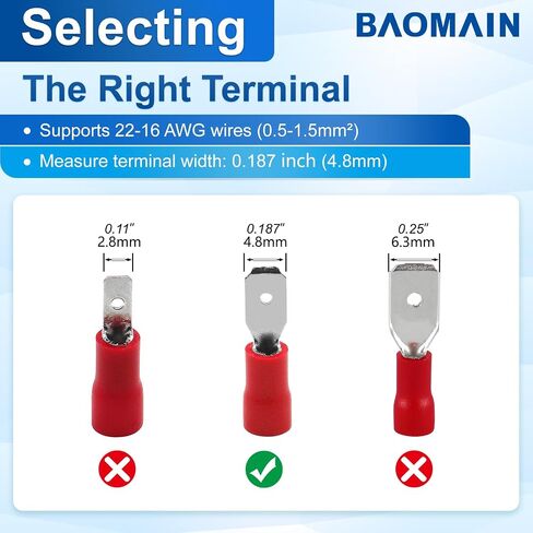 Baomain 0.187" Red Male Insulated Spade Wire Connector Electrical Crimp Terminal 22-16 AWG 4.8 x 0.5mm (100PCS) in Saudi Arabia