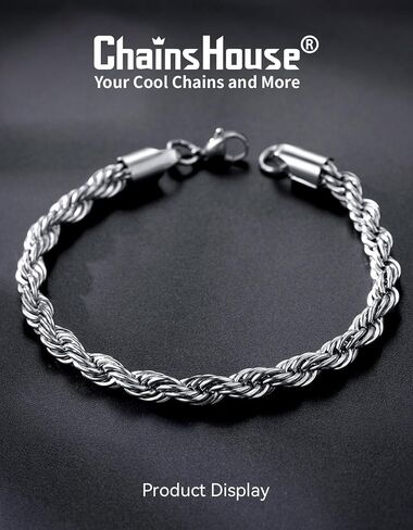 ChainsHouse Chain Bracelet for Men, Twisted Rope Bracelets Stainless Steel/Black/14K Gold Metal Plated Wrist Chain, 3mm/6mm Width, 8.3", Send Gift Box in Saudi Arabia