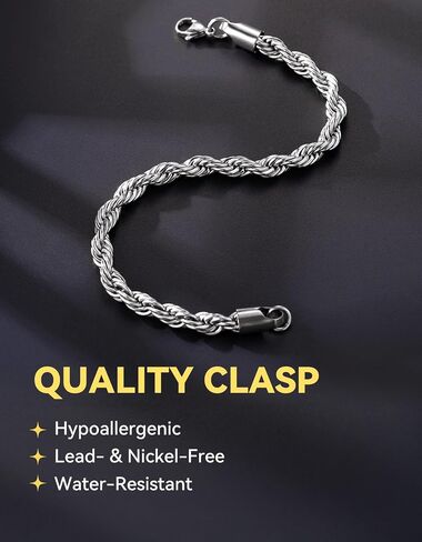 ChainsHouse Chain Bracelet for Men, Twisted Rope Bracelets Stainless Steel/Black/14K Gold Metal Plated Wrist Chain, 3mm/6mm Width, 8.3", Send Gift Box in Saudi Arabia