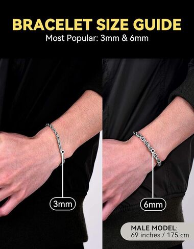 ChainsHouse Chain Bracelet for Men, Twisted Rope Bracelets Stainless Steel/Black/14K Gold Metal Plated Wrist Chain, 3mm/6mm Width, 8.3", Send Gift Box in Saudi Arabia