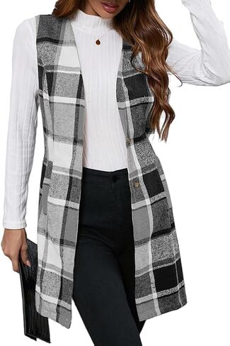 IDEALSANXUN Long Plaid Vest for Women Fall Winter Trench Coat Sleeveless Blazer Jacket Cardigan Wool Vest Top Waistcoat in Saudi Arabia