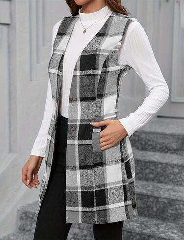 IDEALSANXUN Long Plaid Vest for Women Fall Winter Trench Coat Sleeveless Blazer Jacket Cardigan Wool Vest Top Waistcoat in Saudi Arabia