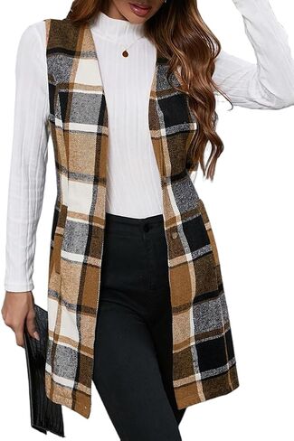 IDEALSANXUN Long Plaid Vest for Women Fall Winter Trench Coat Sleeveless Blazer Jacket Cardigan Wool Vest Top Waistcoat in Saudi Arabia