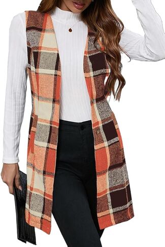 IDEALSANXUN Long Plaid Vest for Women Fall Winter Trench Coat Sleeveless Blazer Jacket Cardigan Wool Vest Top Waistcoat in Saudi Arabia