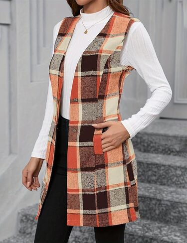 IDEALSANXUN Long Plaid Vest for Women Fall Winter Trench Coat Sleeveless Blazer Jacket Cardigan Wool Vest Top Waistcoat in Saudi Arabia