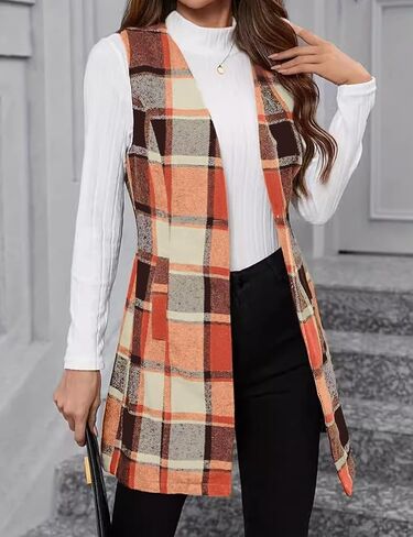 IDEALSANXUN Long Plaid Vest for Women Fall Winter Trench Coat Sleeveless Blazer Jacket Cardigan Wool Vest Top Waistcoat in Saudi Arabia