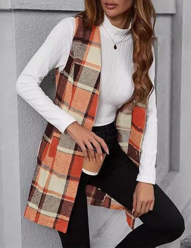 IDEALSANXUN Long Plaid Vest for Women Fall Winter Trench Coat Sleeveless Blazer Jacket Cardigan Wool Vest Top Waistcoat in Saudi Arabia