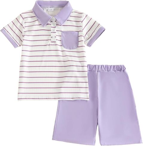 Toddler Kid Boy Clothes Textured Striped Polo Collar Top Summer Shorts 2PC Summer Outfit Set in Kuwait