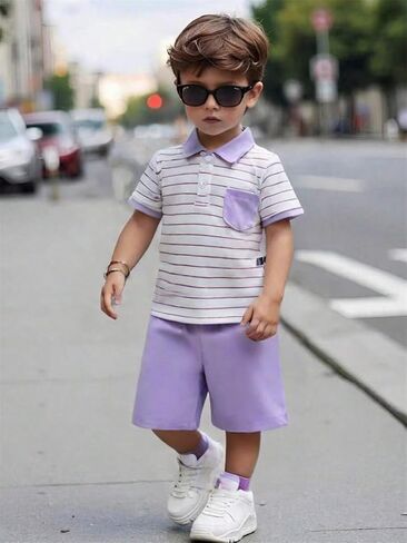 Toddler Kid Boy Clothes Textured Striped Polo Collar Top Summer Shorts 2PC Summer Outfit Set in Kuwait
