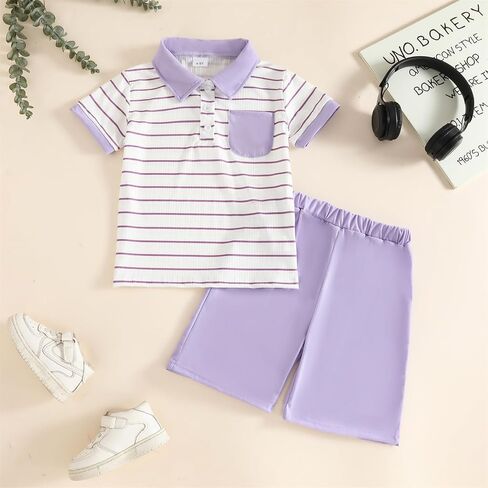 Toddler Kid Boy Clothes Textured Striped Polo Collar Top Summer Shorts 2PC Summer Outfit Set in Kuwait