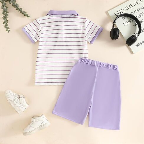 Toddler Kid Boy Clothes Textured Striped Polo Collar Top Summer Shorts 2PC Summer Outfit Set in Kuwait