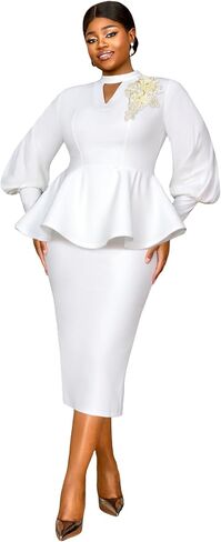 AOMEI Business Suit Sets for Women's 2 Piece Outfits V Neck Peplum Tops Floral Applique Formal Pencil Midi Skirt Suit… in Saudi Arabia