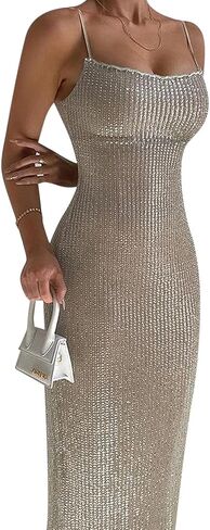 Women's Sequins Midi Dress Sexy Back Slit Spaghetti Strap Bodycon Long Dress Summer Sparkly Party Dresses in Saudi Arabia