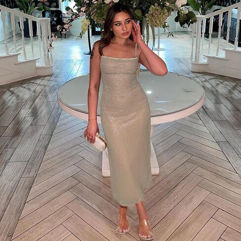 Women's Sequins Midi Dress Sexy Back Slit Spaghetti Strap Bodycon Long Dress Summer Sparkly Party Dresses in Saudi Arabia
