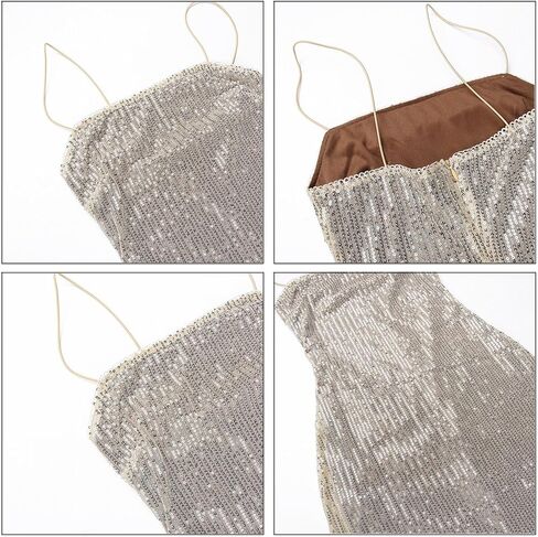 Women's Sequins Midi Dress Sexy Back Slit Spaghetti Strap Bodycon Long Dress Summer Sparkly Party Dresses in Saudi Arabia